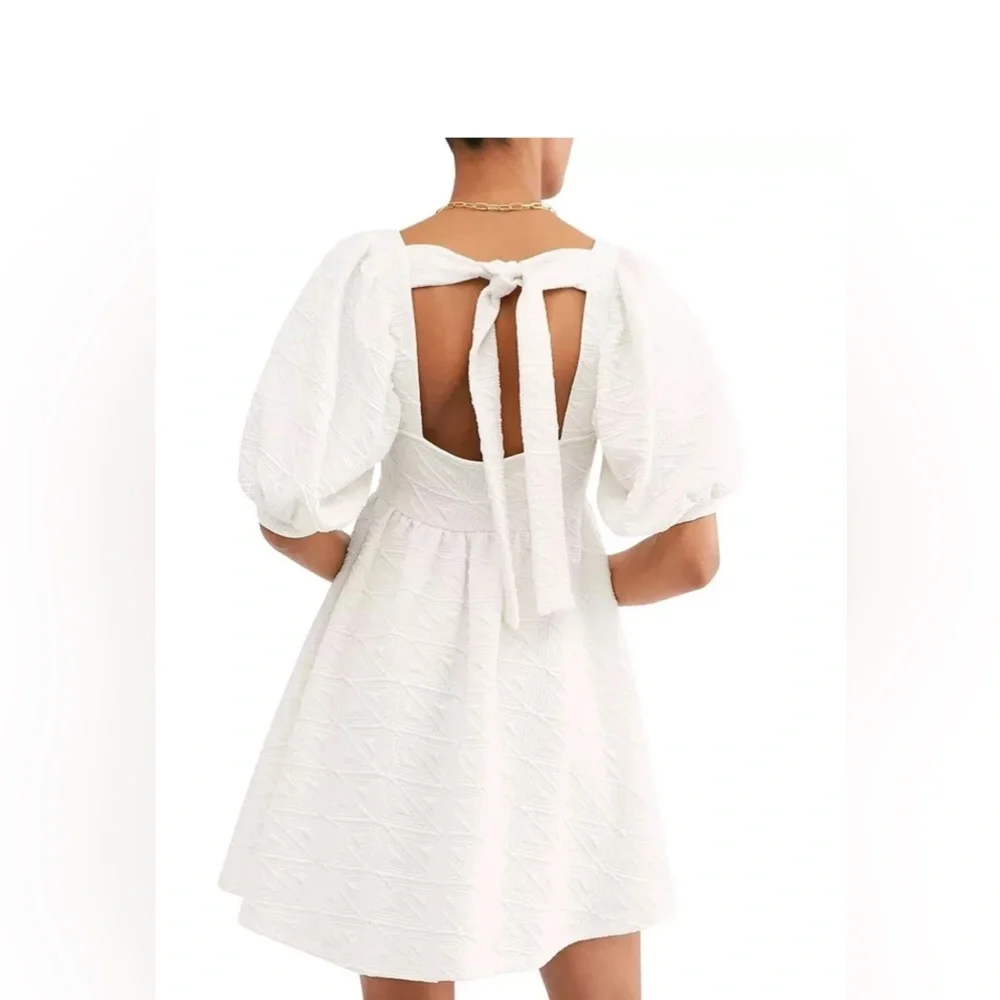 Free People‎ Violet Mini Dress White Puff Sleeve Bow Back NWT M